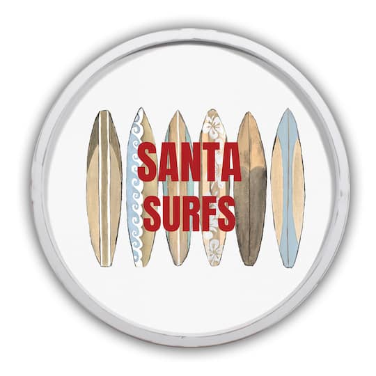 20" Round Santa Surfs Christmas White Framed Wall Décor